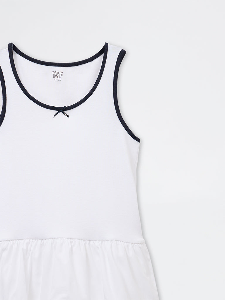 Y&F Kids Girls White Cotton-Blend Tiered Dress