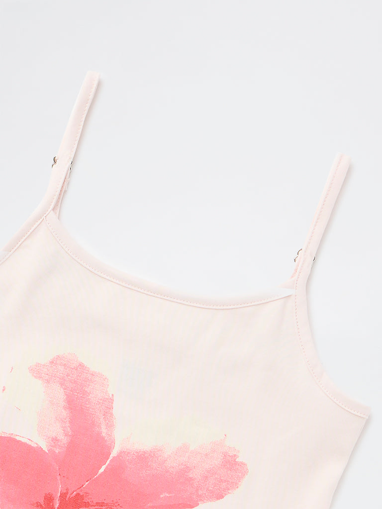 Y&F Kids Girls Light Pink Floral Design Cotton-Blend Top