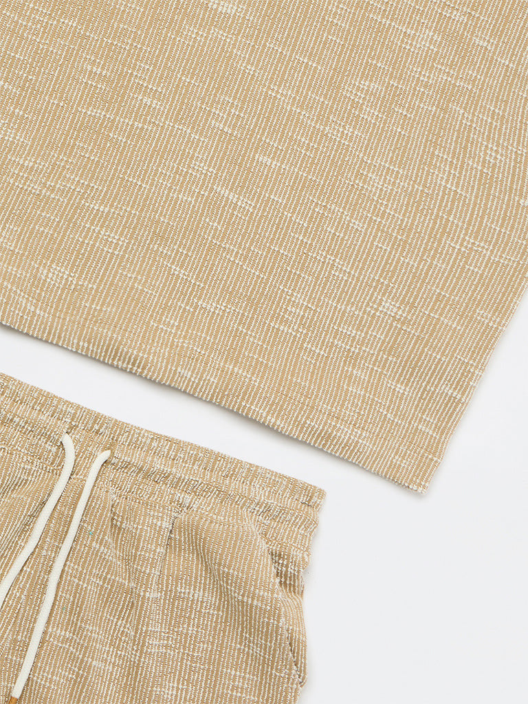 Y&F Kids Boys Light Brown Textured Cotton T-Shirt and Shorts Set