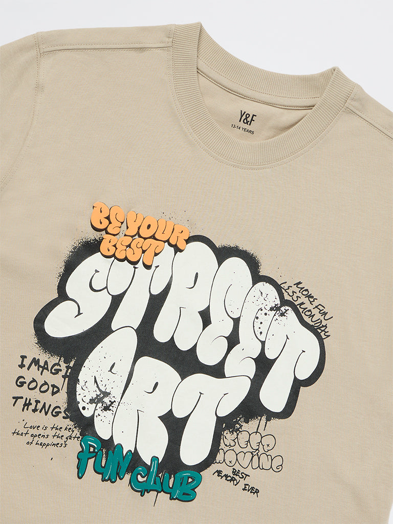 Y&F Kids Boys Taupe Printed Cotton T-Shirt