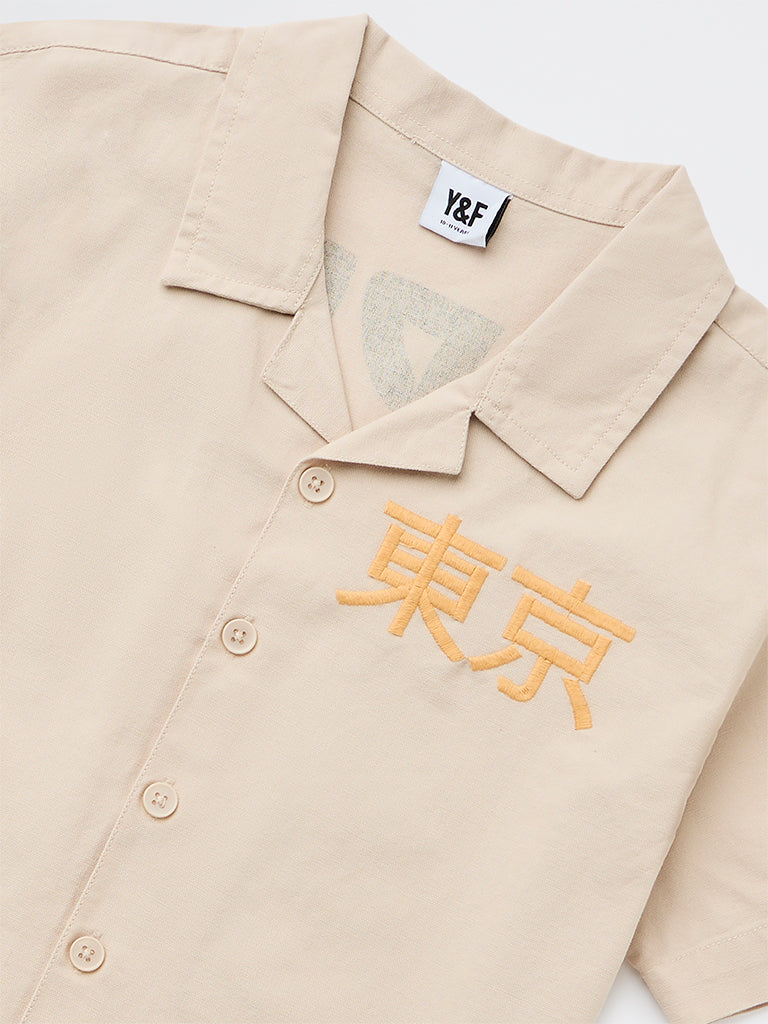 Y&F Kids Boys Beige Graphic Printed Cotton Shirt