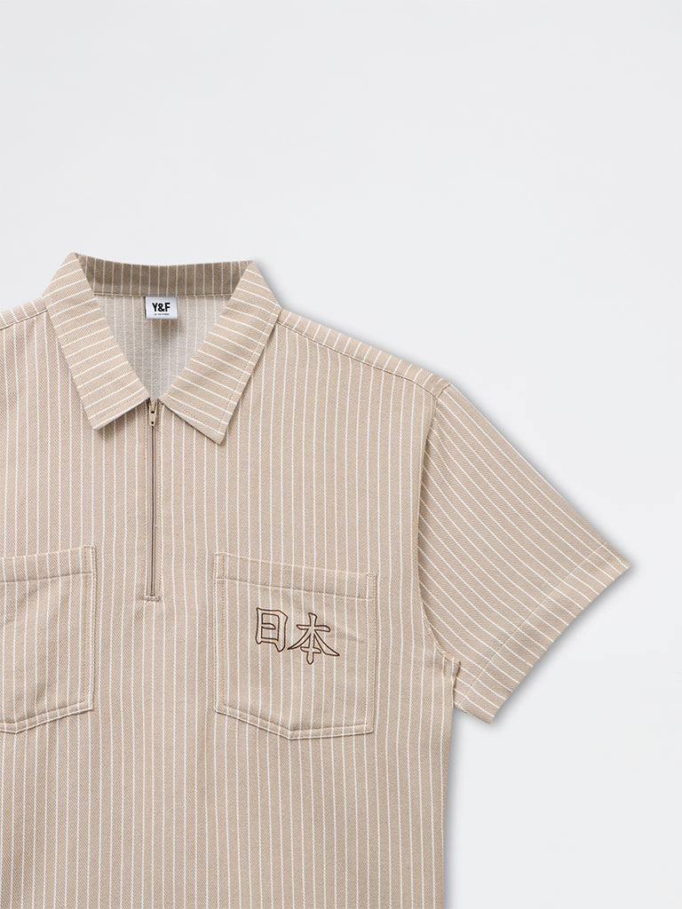 Y&F Kids Boys Light Taupe Striped Cotton Shirt