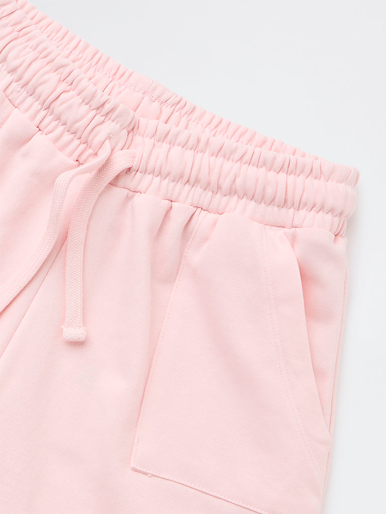 Y&F Kids Girls Light Pink Solid High-Rise Cotton-Blend Shorts