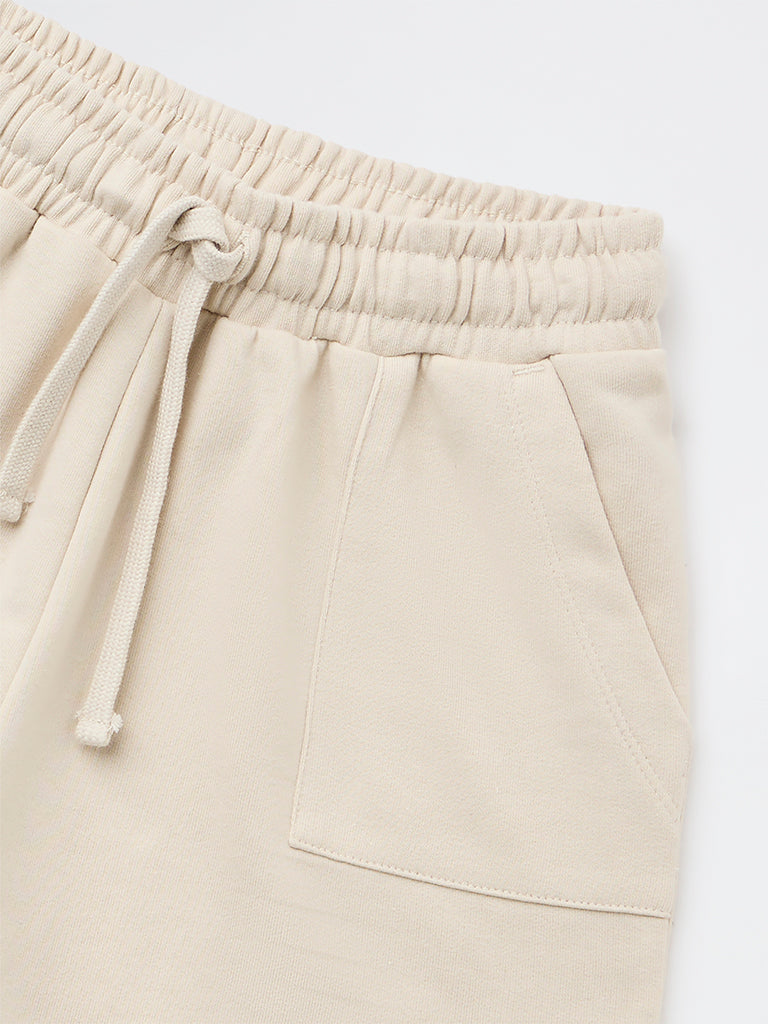 Y&F Kids Girls Beige Solid High-Rise Cotton-Blend Shorts