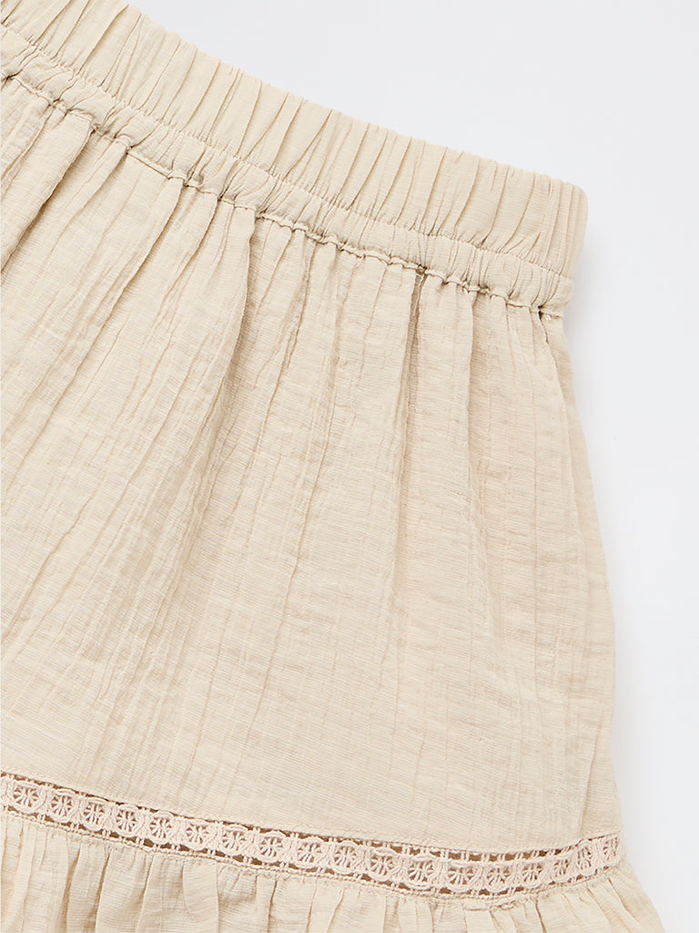 Y&F Kids Girls Beige Crinkle-Textured High-Rise Skorts