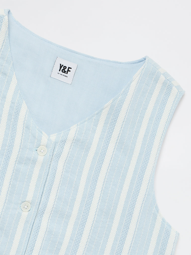 Y&F Kids Girls Blue Striped Cotton-Blend Waistcoat
