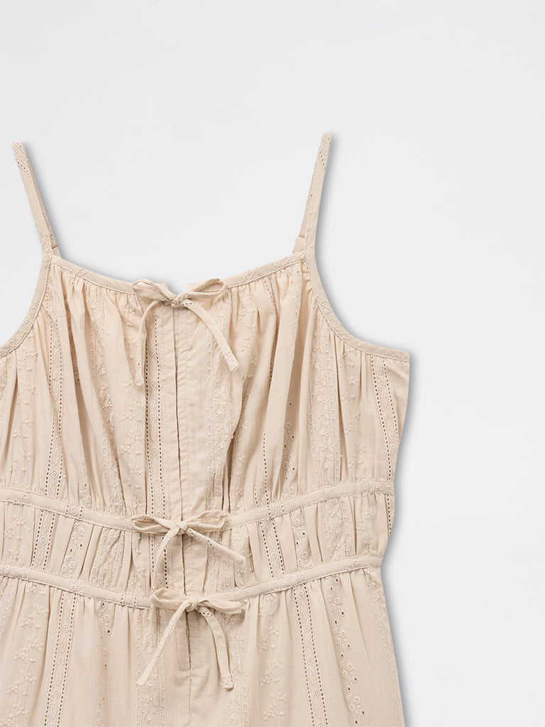 Y&F Kids Girls Beige Embroidered Tiered Cotton Dress
