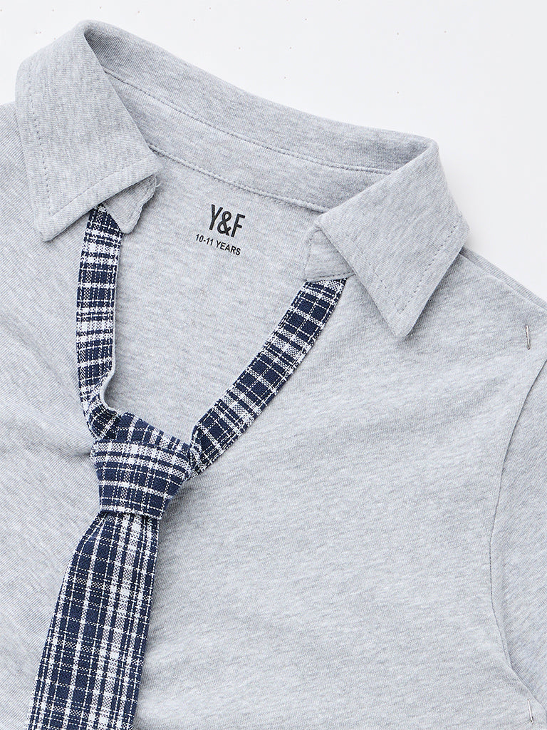 Y&F Kids Girls Grey Cotton-Blend Top with Tie