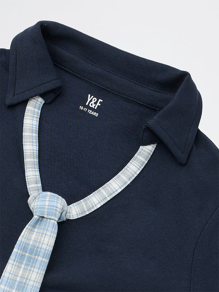 Y&F Kids Girls Navy Cotton-Blend Tie Detailed Top