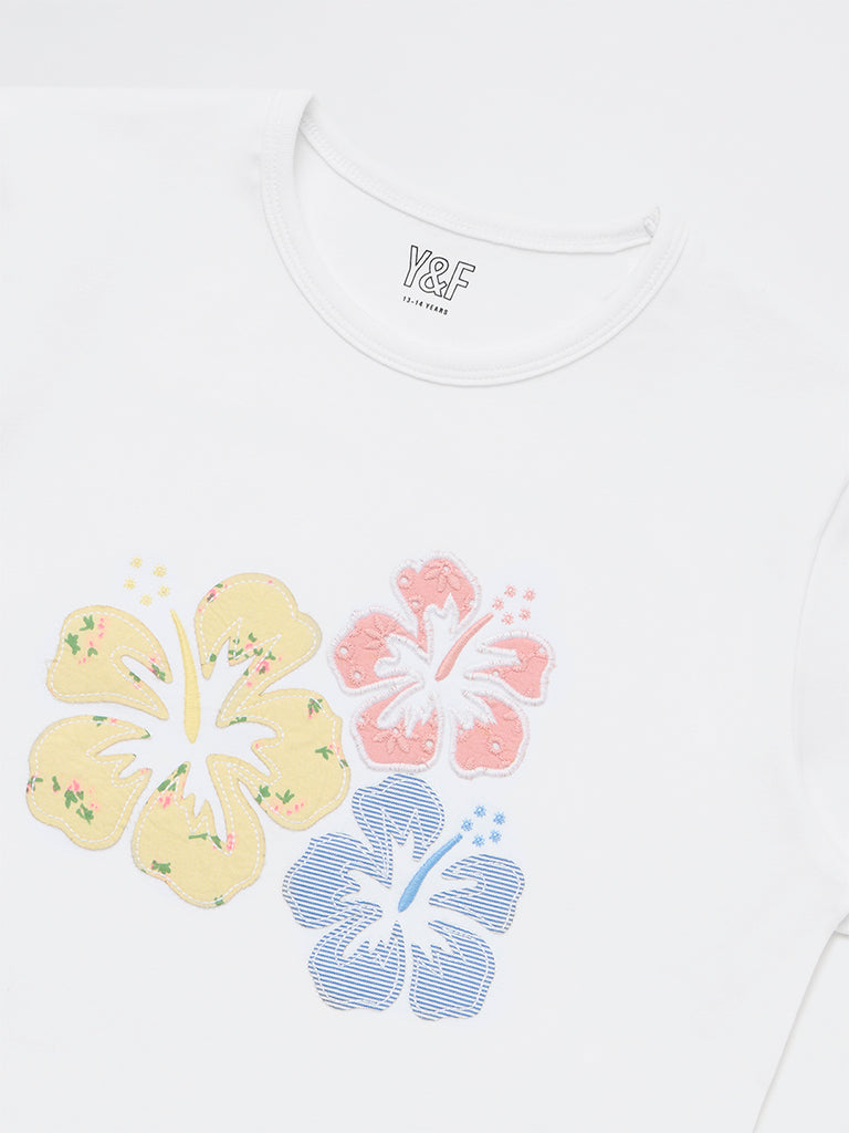 Y&F Kids Girls White Floral Embroidered Cotton-Blend T-Shirt