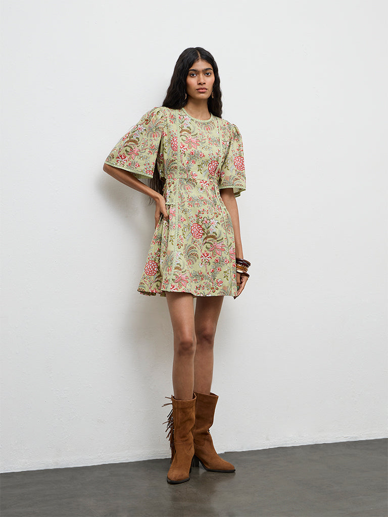 Buy Bombay Paisley Green Floral Printed A-Line Cotton-Blend Dress from Westside – Westside Global