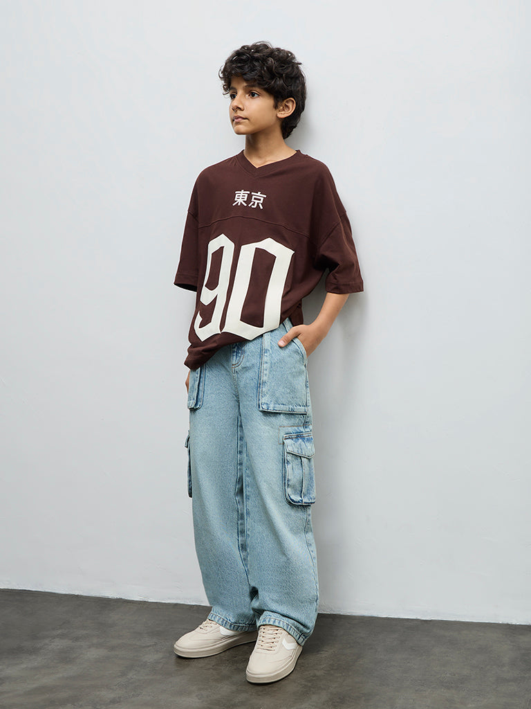 Y&F Kids Boys Brown Numerical Printed Cotton T-Shirt
