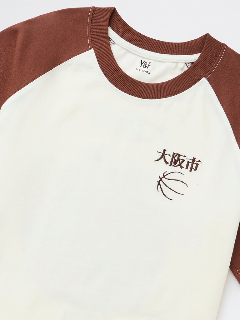 Y&F Kids Boys Off-White Colour-Blocked Cotton T-Shirt