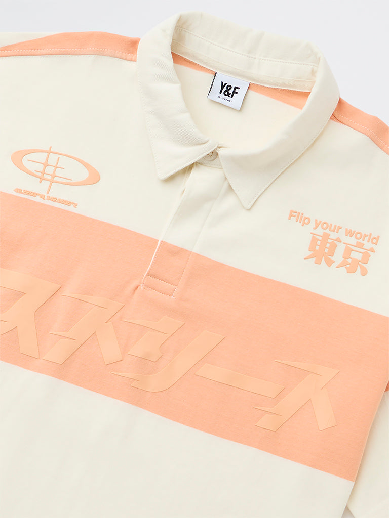 Y&F Kids Boys Orange Colour-Blocked Cotton Polo T-Shirt