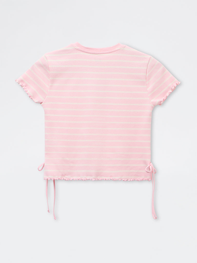 Y&F Kids Girls Pink Striped Cotton-Blend T-Shirt