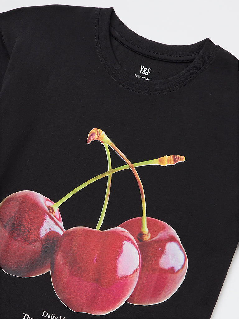 Y&F Kids Girls Black Graphic Printed Cotton T-Shirt