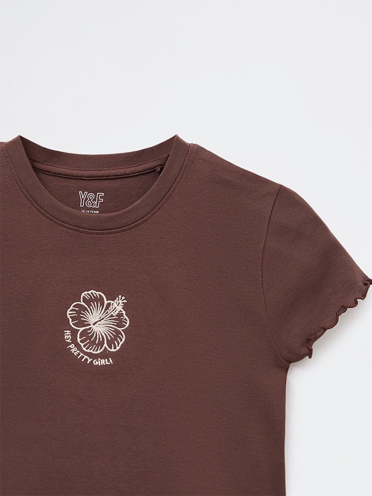 Y&F Kids Girls Brown Embroidered Cotton-Blend T-Shirt