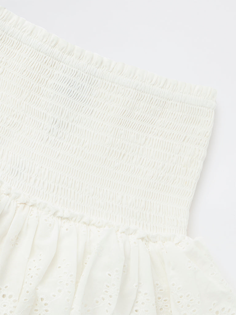 Y&F Kids Girls Off-White Embroidered High-Rise Cotton Skirt