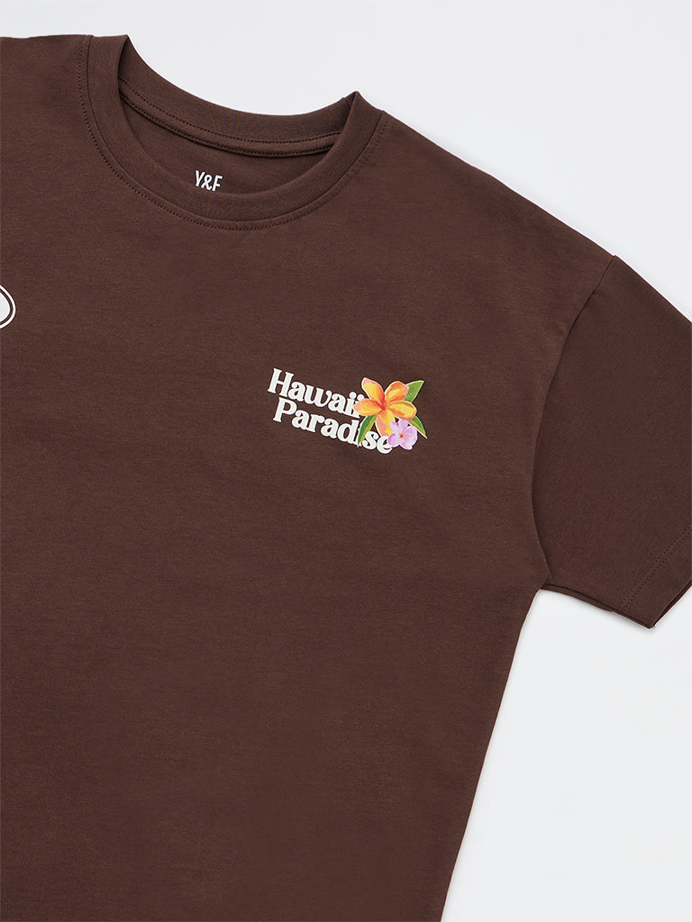 Y&F Kids Girls Brown Graphic-Printed Cotton T-Shirt