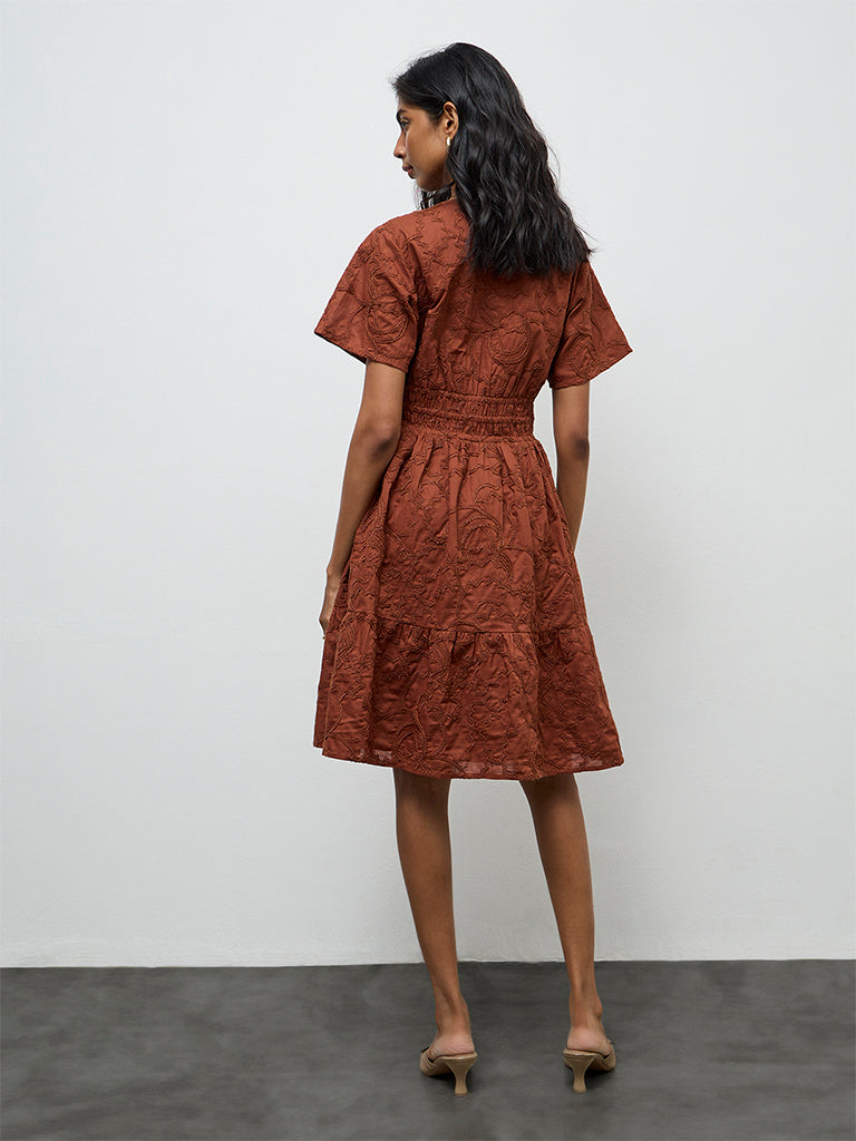 LOV Brown Embroidered A-Line Dress