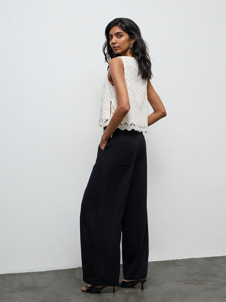 LOV Black High-Rise Linen Trousers with Belt