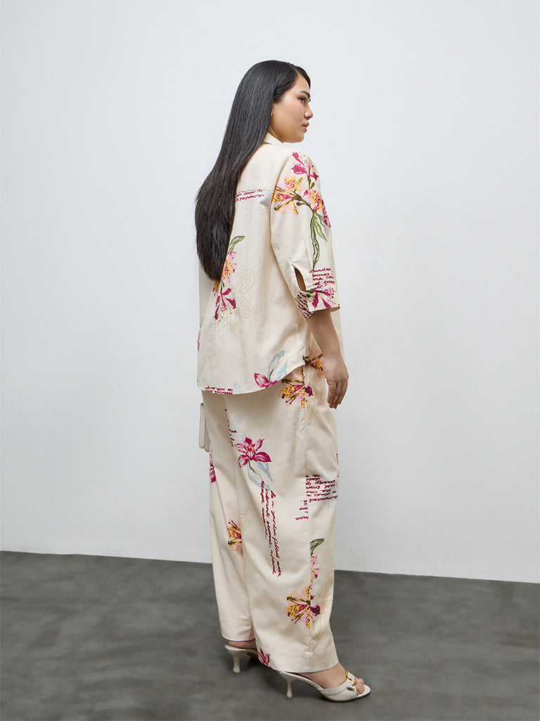 Gia Cream Floral Design High-Rise Cotton-Blend Trousers