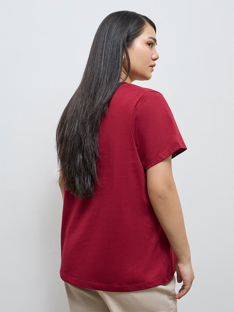 Gia Burgundy Floral Embroidered Cotton T-Shirt