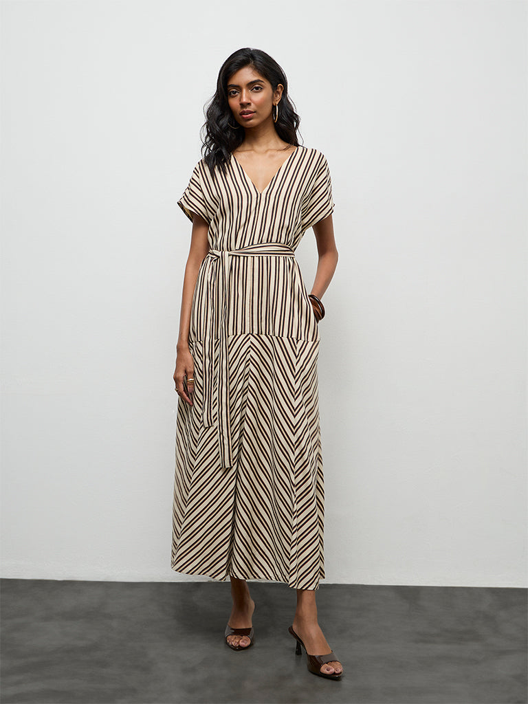 Buy LOV Light Beige Striped A-Line Dress with Belt from Westside – Westside Global