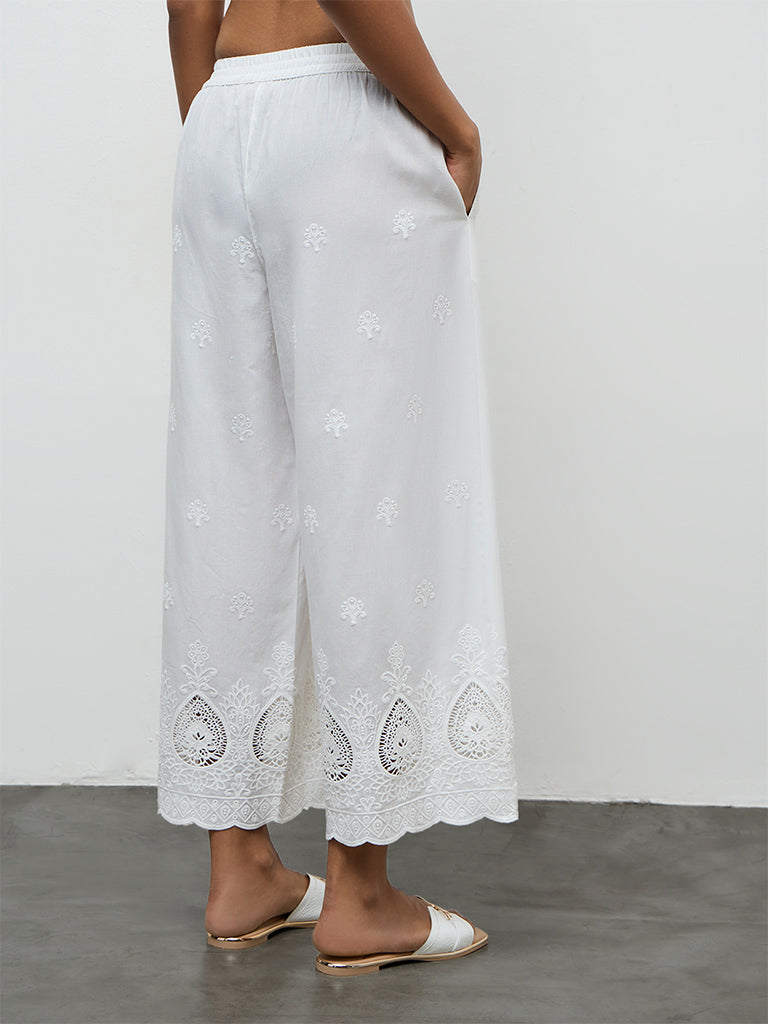 Utsa White Embroidered Cotton Palazzos