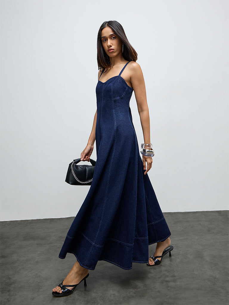 a line dress denim Buy LOV Dark Blue A-Line from Westside – Westside Global Melrose Satin Chiffon Maxi Shoe Size:40 (7-7.5 US) Sleeve Style_3/4