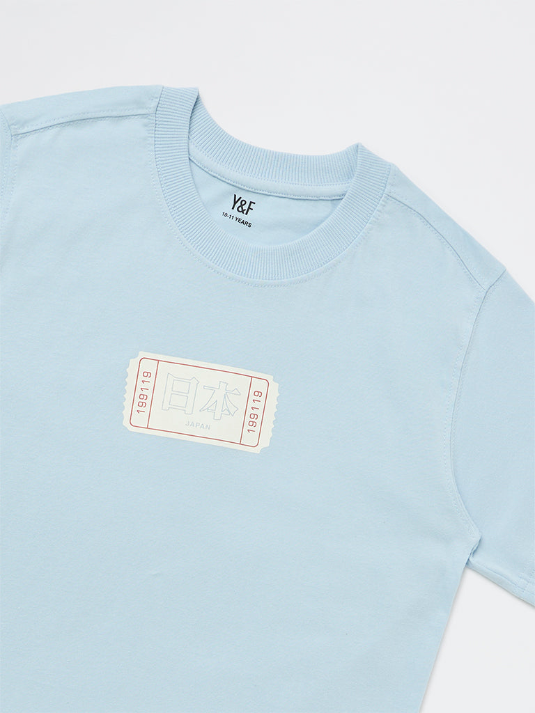 Y&F Kids Boys Light Blue Printed Cotton T-Shirt