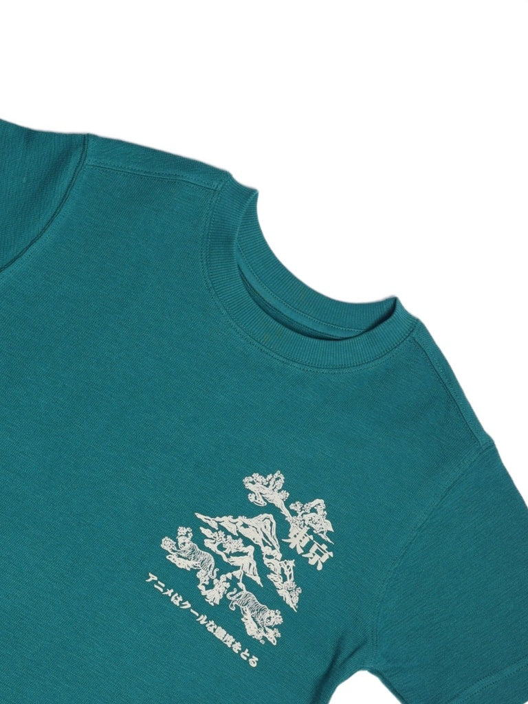 Y&F Kids Boys Green Printed Cotton T-Shirt