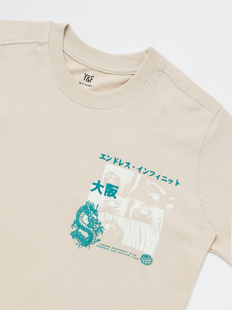 Y&F Kids Boys Light Beige Graphic Printed Cotton T-Shirt