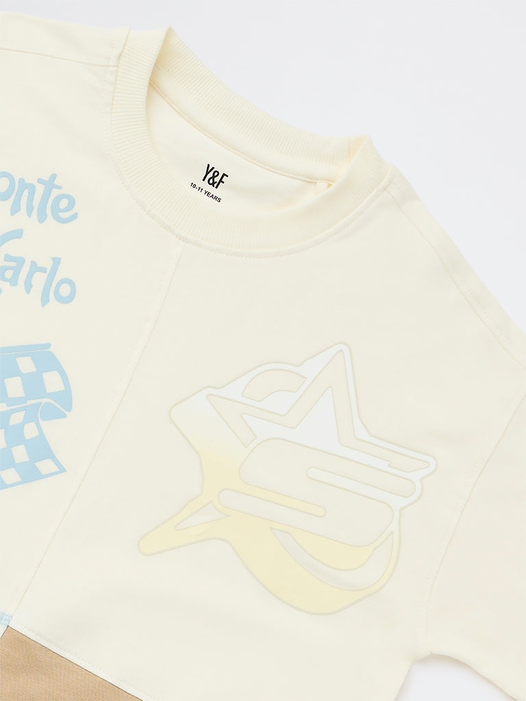 Y&F Kids Boys Off-White Printed Cotton T-Shirt