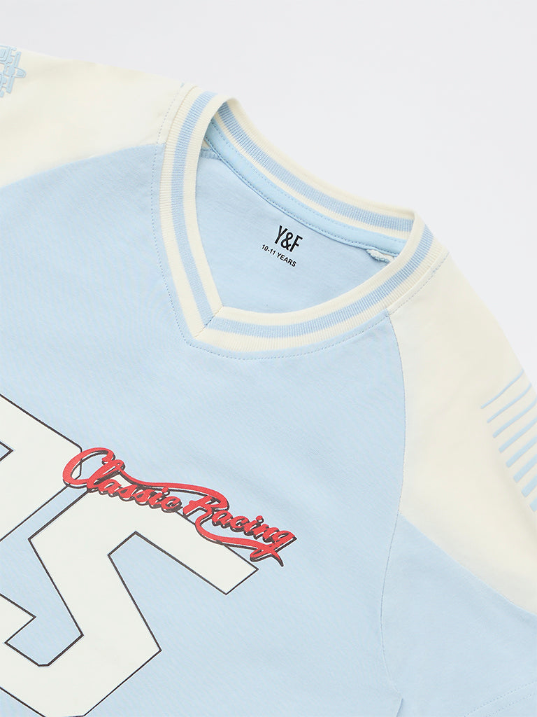 Y&F Kids Boys Light Blue Numerical Printed Cotton T-Shirt