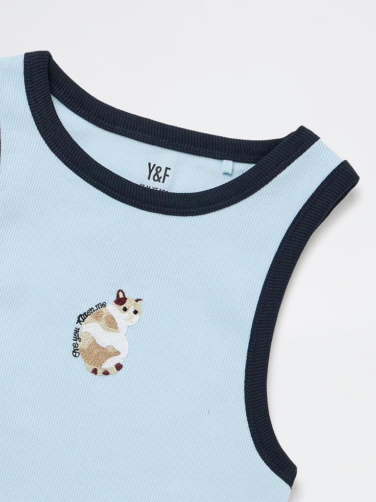 Y&F Kids Girls Light Blue Cat Embroidered Cotton-Blend Top