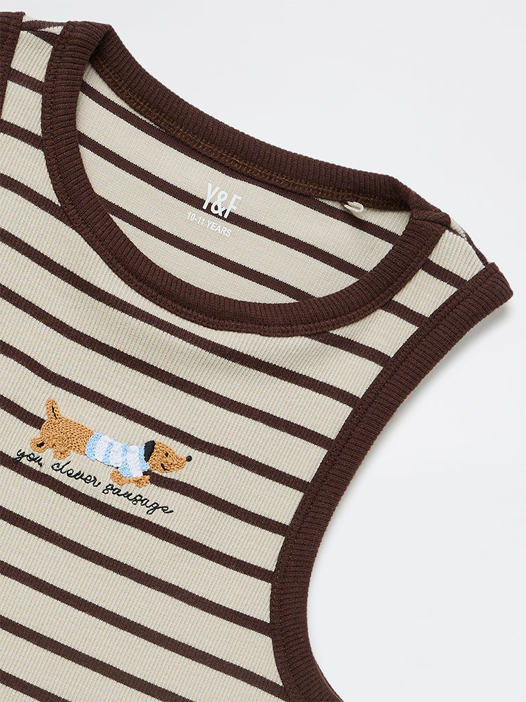 Y&F Kids Girls Brown Striped Cotton-Blend Top
