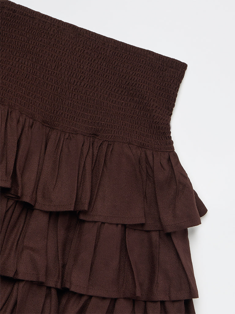 Y&F Kids Girls Brown Ruffled High-Rise Tiered Skirt