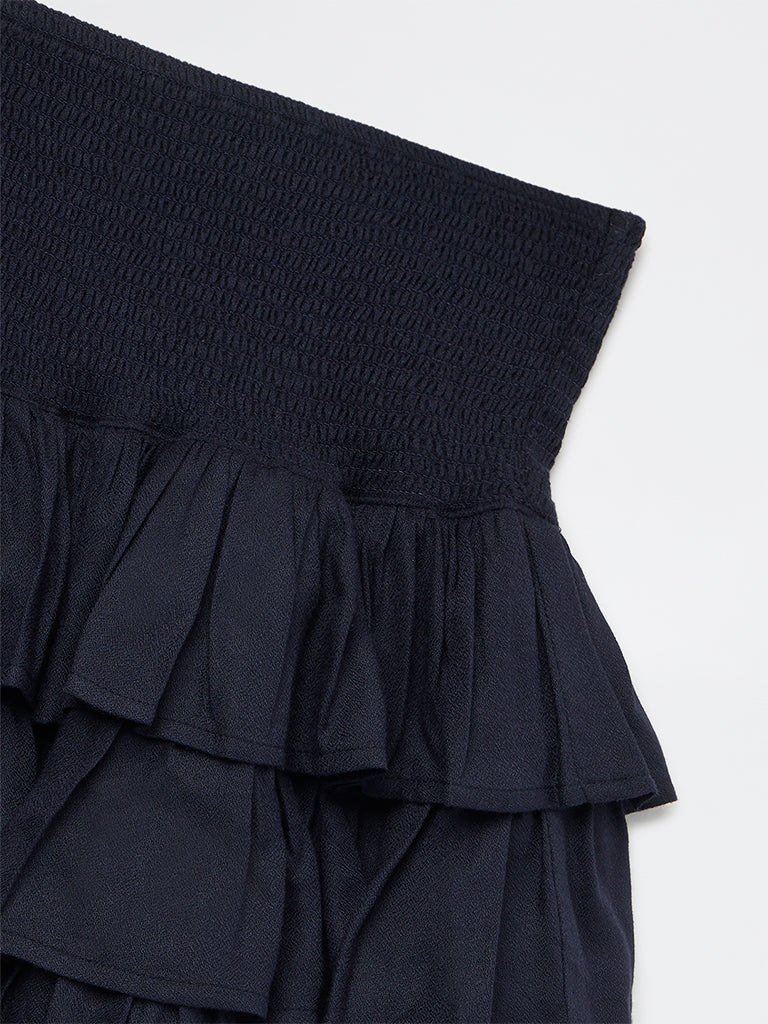 Y&F Kids Girls Navy Ruffled High-Rise Tiered Skirt