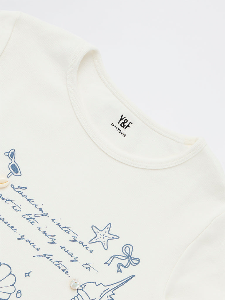 Y&F Kids Girls White Printed Cotton-Blend T-Shirt