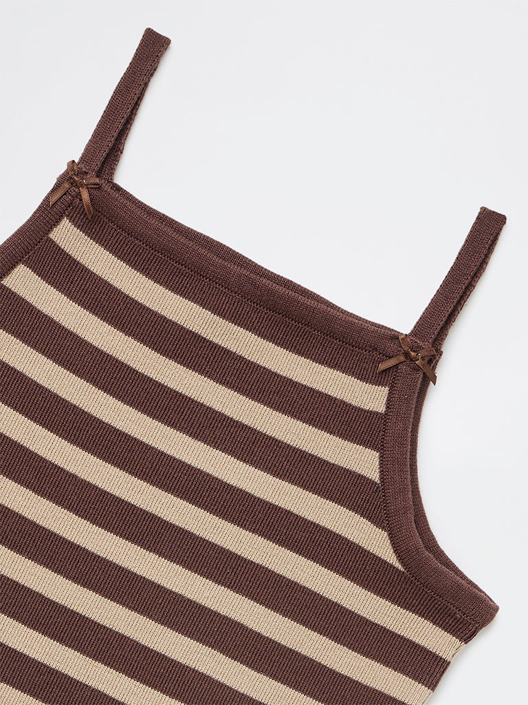 Y&F Kids Girls Brown Striped Cotton-Blend Top