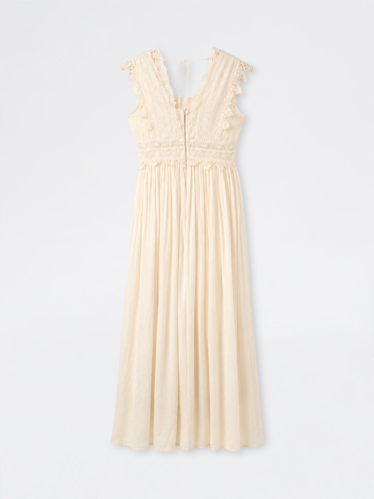LOV Cream Schiffli Detailed Cotton A-Line Dress