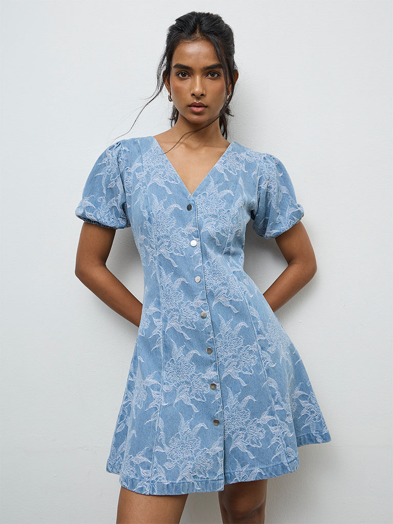 denim dress with floral embroidery Buy LOV Blue Embroidered A-Line from Westside – Westside Global show stopping dress Color:Bianca White (130) or dress it up Perfect sweater dress to