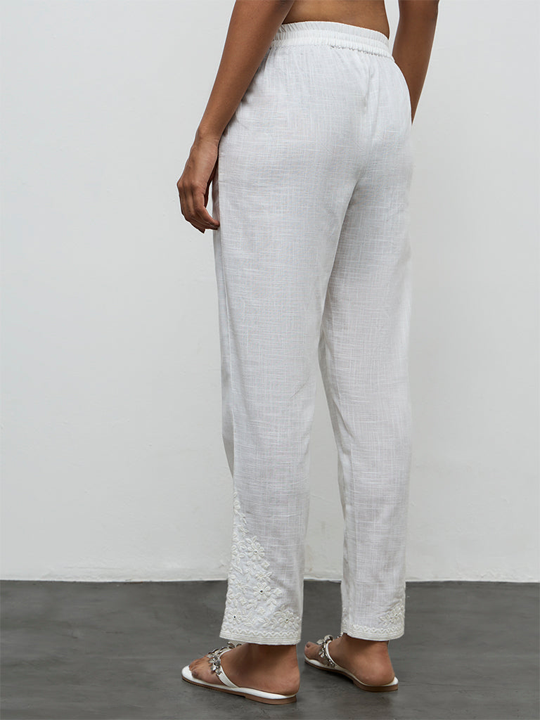 Utsa White Floral Embroidered Cotton Pants