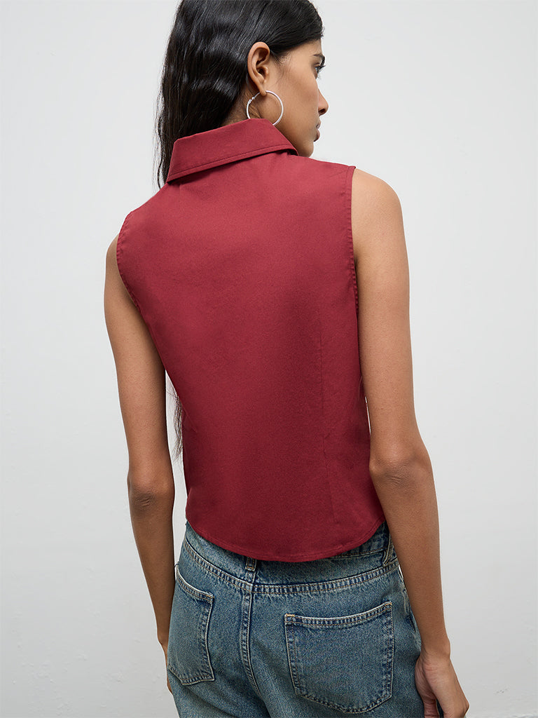 Nuon Red Solid Corset-Inspired Cotton Top