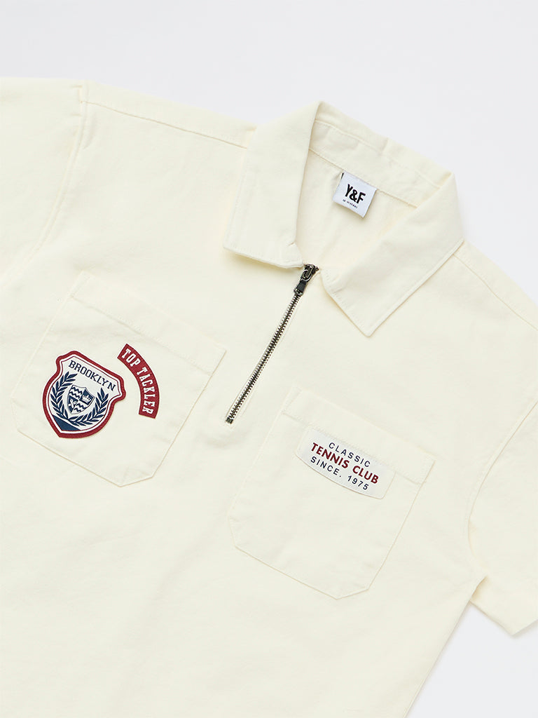 Y&F Kids Boys Off-White Printed Cotton Polo T-Shirt
