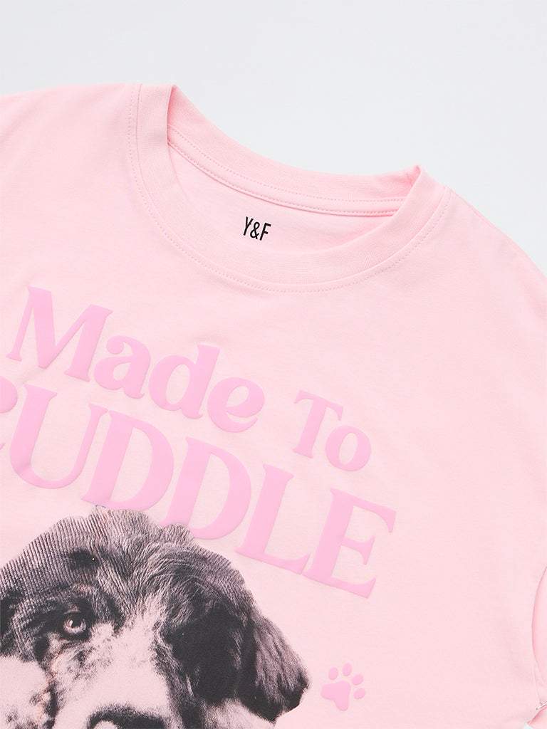 Y&F Kids Girls Pink Printed Cotton T-Shirt