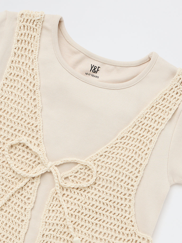 Y&F Kids Girls Beige Crochet Design Cotton-Blend Waistcoat with T-Shirt Set