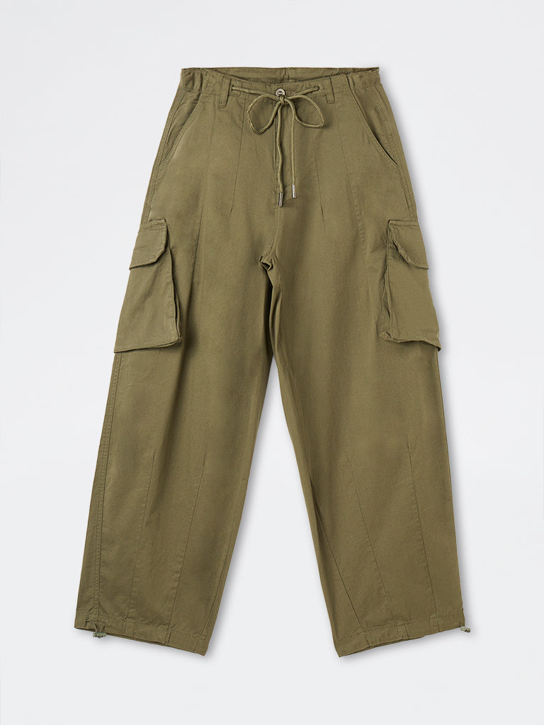 Nuon Olive Barrel-Fit High-Rise Cotton-Blend Trousers