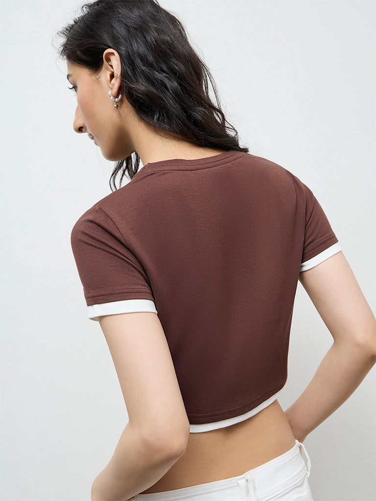 Nuon Dark Brown Contrast-Detailed T-Shirt